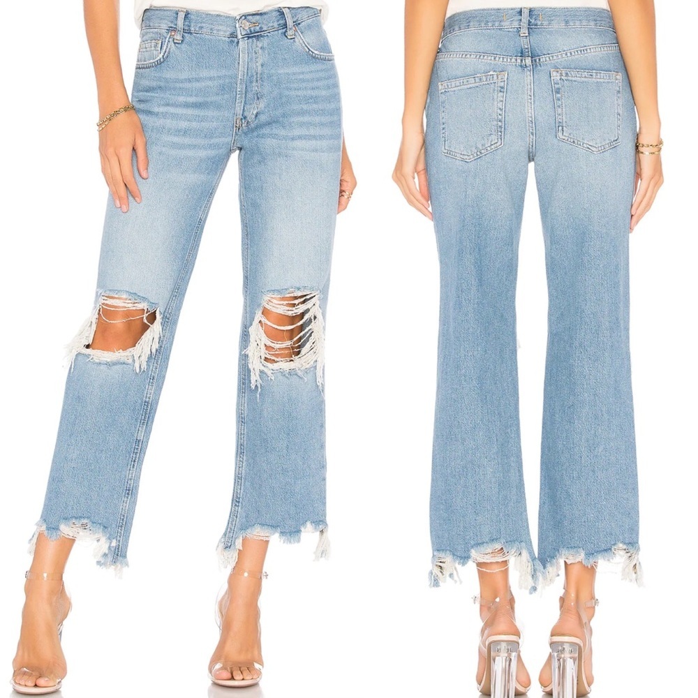 Free People Revolve Maggie Straight Jeans Light‎ Stone Raw Hem Distress Denim 25